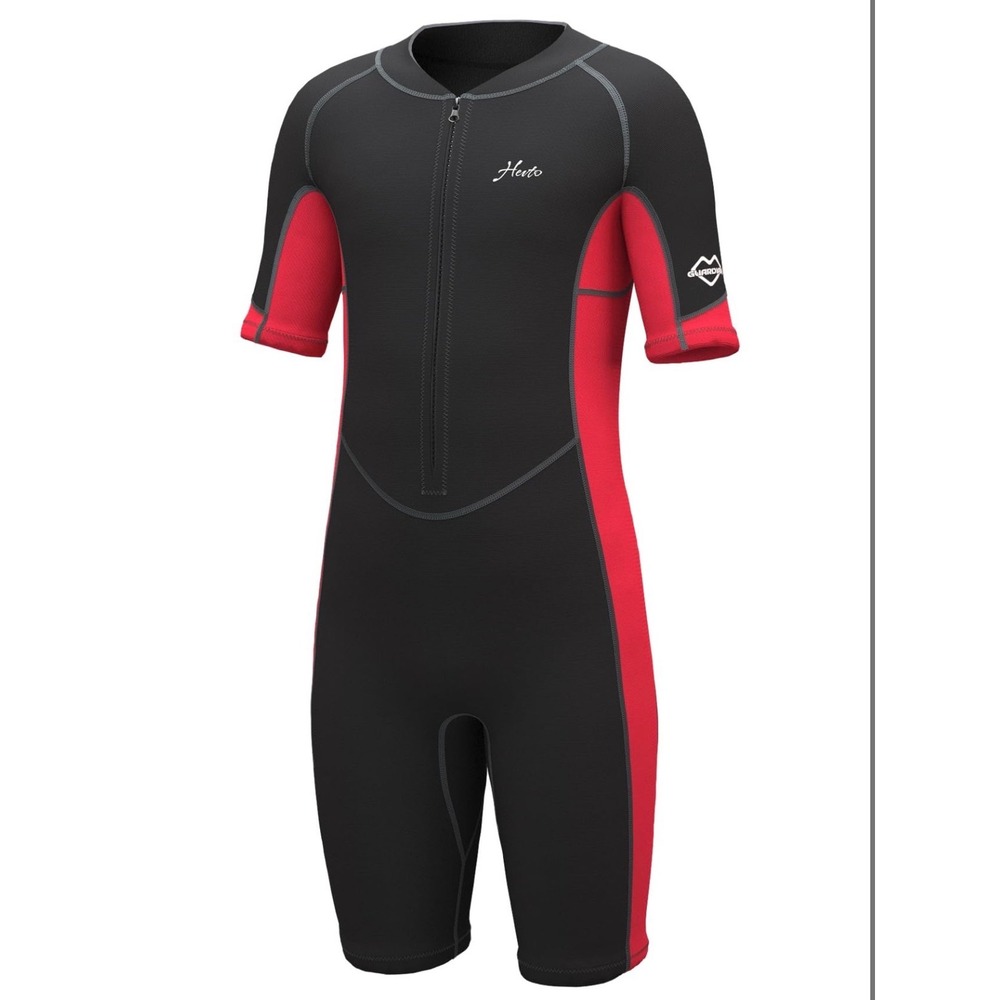 Hevto Wetsuit Shorty Kids Size 12 Black Red New Front Zip 2mm Neoprene Youth